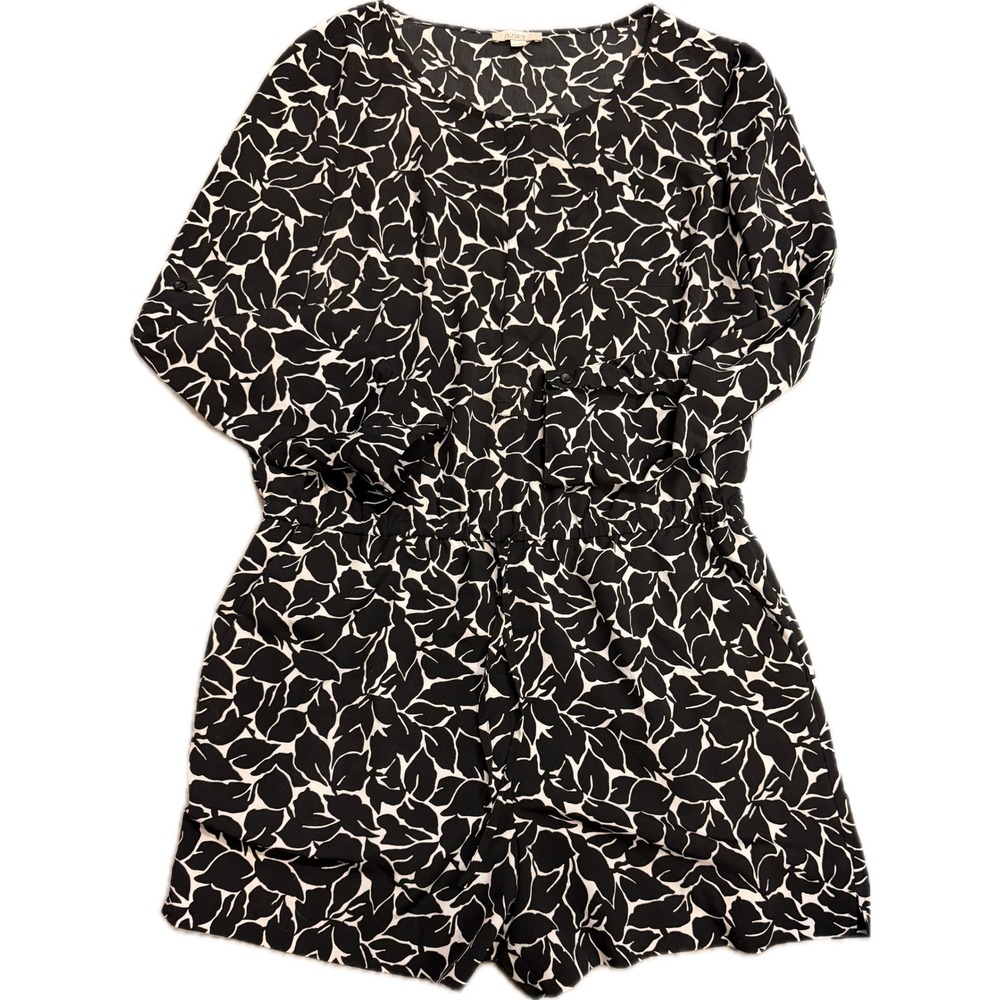 LOFT Romper Womens 10 Black White Leaf Print Long Sleeve Pockets Drawstring NWOT